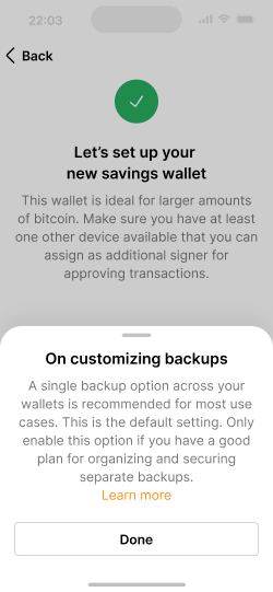 A modal explaining when customizing backups is a good idea.